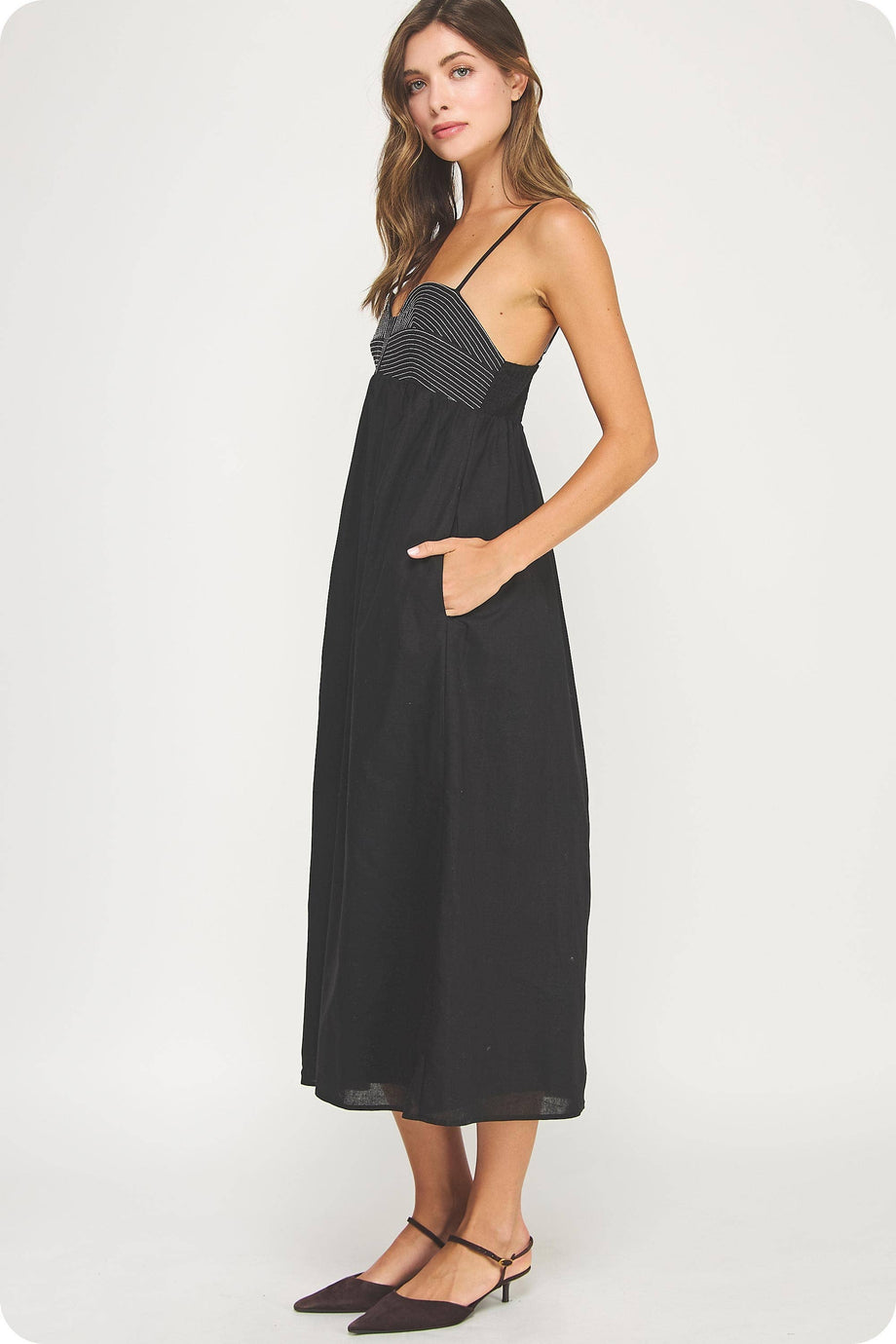 christian lacroix linen blend midi dress with top stitching detail Top Stitch Black Bustier Linen Midi Dress