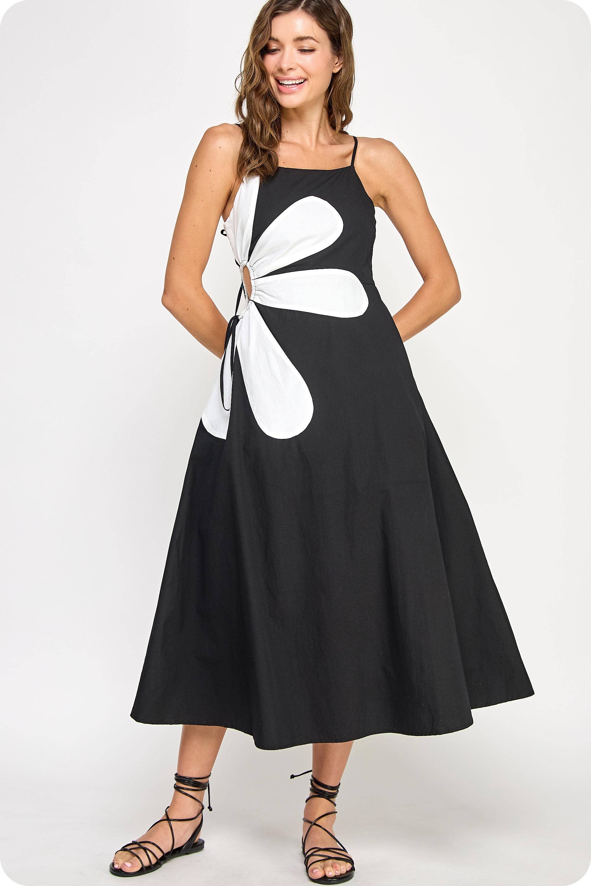 cut out detail midi dress Side Cut-Out Black and White Flower Detail Midi Dress
