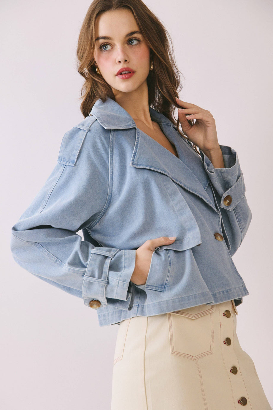 Double Breasted Front Button Oversize Soft Denim Jacket – Fia & Belle Double Breasted Front Button Oversize Soft Denim Jacket – Fia & Belle