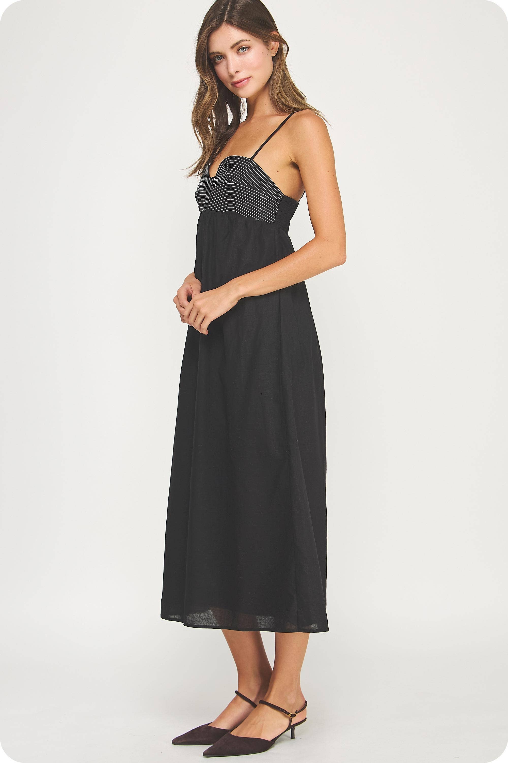 Top Stitch Black Bustier Linen Midi Dress Top Stitch Black Bustier Linen Midi Dress