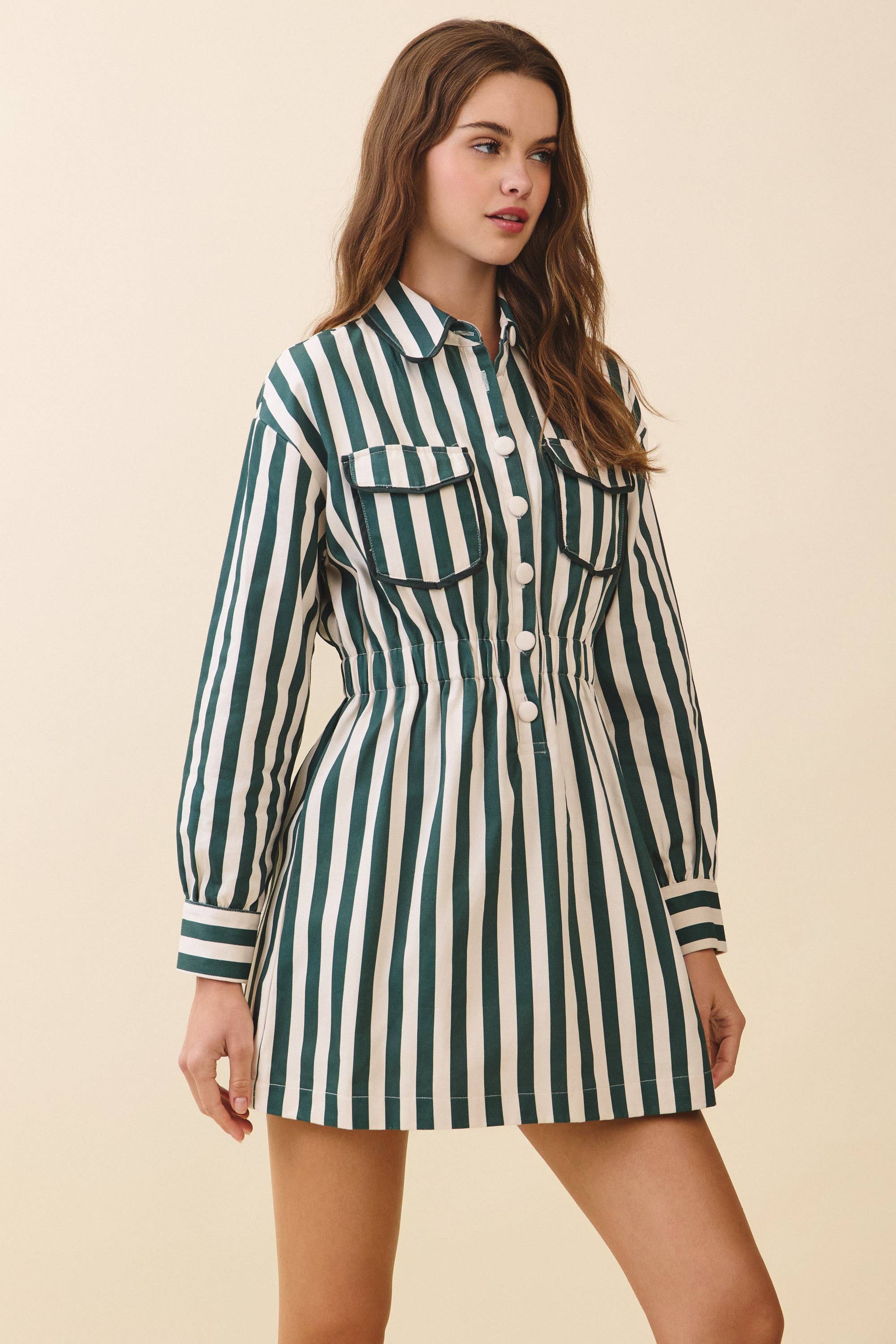 Vertical Striped - Cinched Waist Shirt Dress Vertical Striped - Cinched Waist Shirt Dress