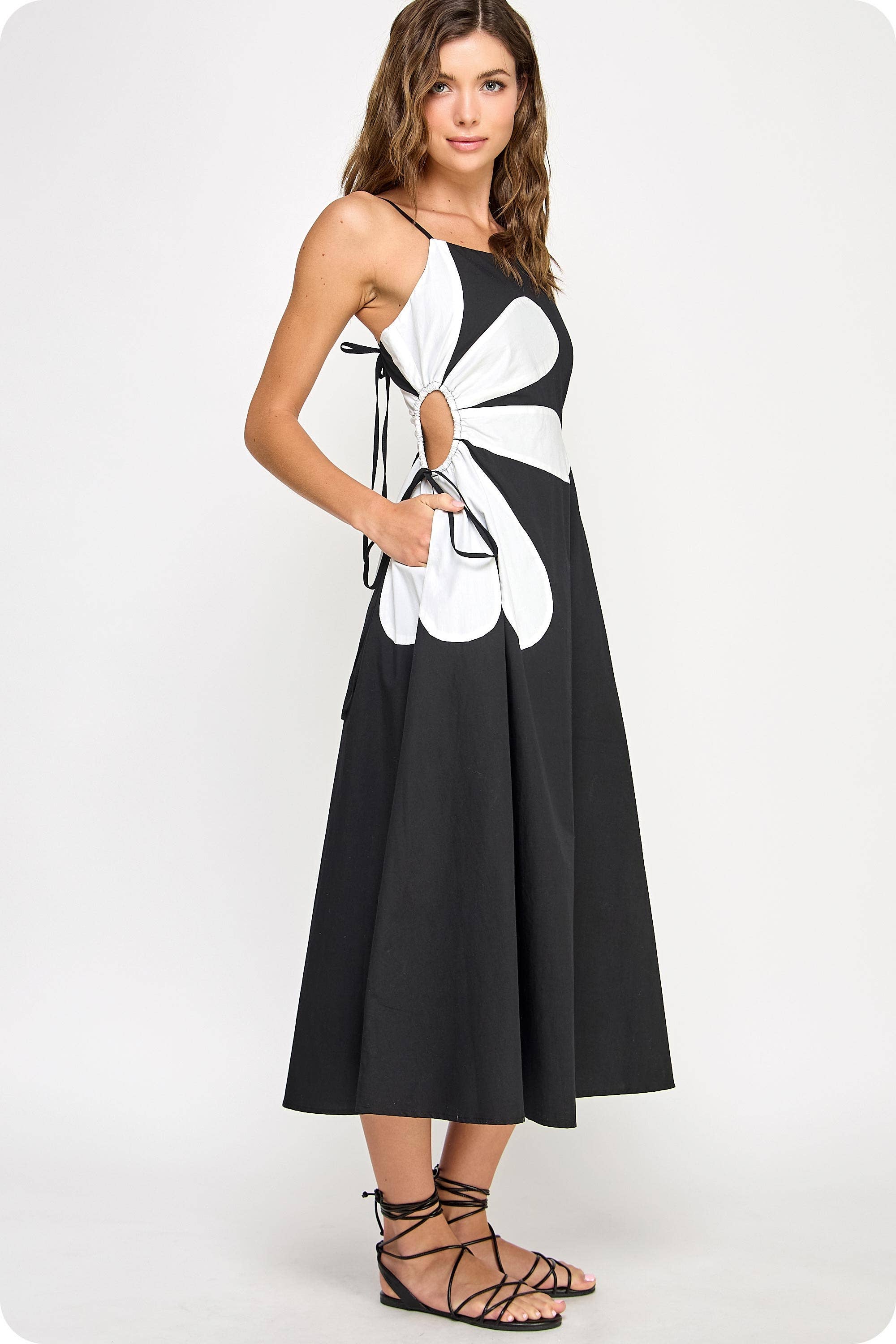Side Cut-Out Black and White Flower Detail Midi Dress Side Cut-Out Black and White Flower Detail Midi Dress